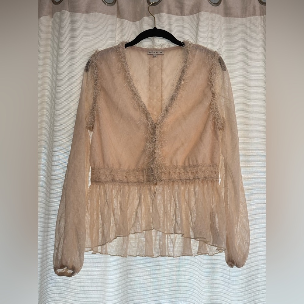 Moon River Cream Sheer Long Sleeve Top